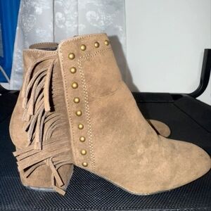 Boots Tan Suede Ankle Booties with Fringe and Studs